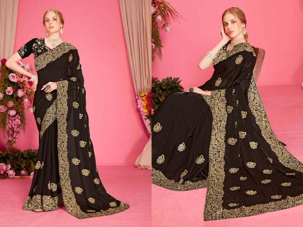 PR Fashion Black Fendi Two Tone Silk Heavy Zari Embroidery Work With Heavy Zircon Work Saree | Grocsy
