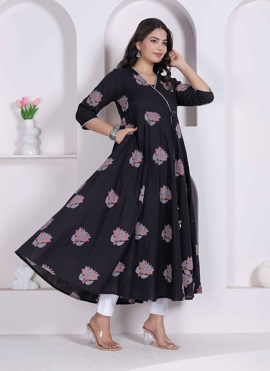 Miravan Womens Cotton Floral Print Anarkali Kurta-Black | Grocsy