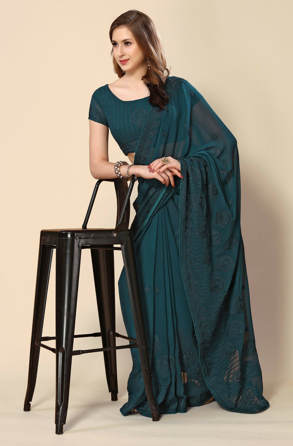 Teal Georgette Embroidered and Stone Work Saree with Unstitched Blouse Piece - Roozal | Grocsy