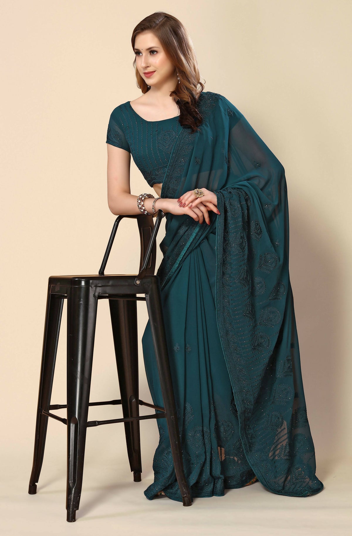 Teal Georgette Embroidered and Stone Work Saree with Unstitched Blouse Piece - Roozal | Grocsy