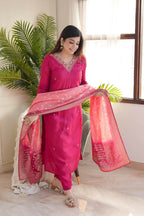 The52 Pink Women's Gorgeous Embroidered Vichitra Fabric Straight Kurta Pant with Dupatta Set | Grocsy