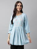 Light Blue Rayon Yoke Embroidered A-line Top - Tarini | Grocsy