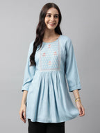 Light Blue Rayon Yoke Embroidered A-line Top - Tarini | Grocsy