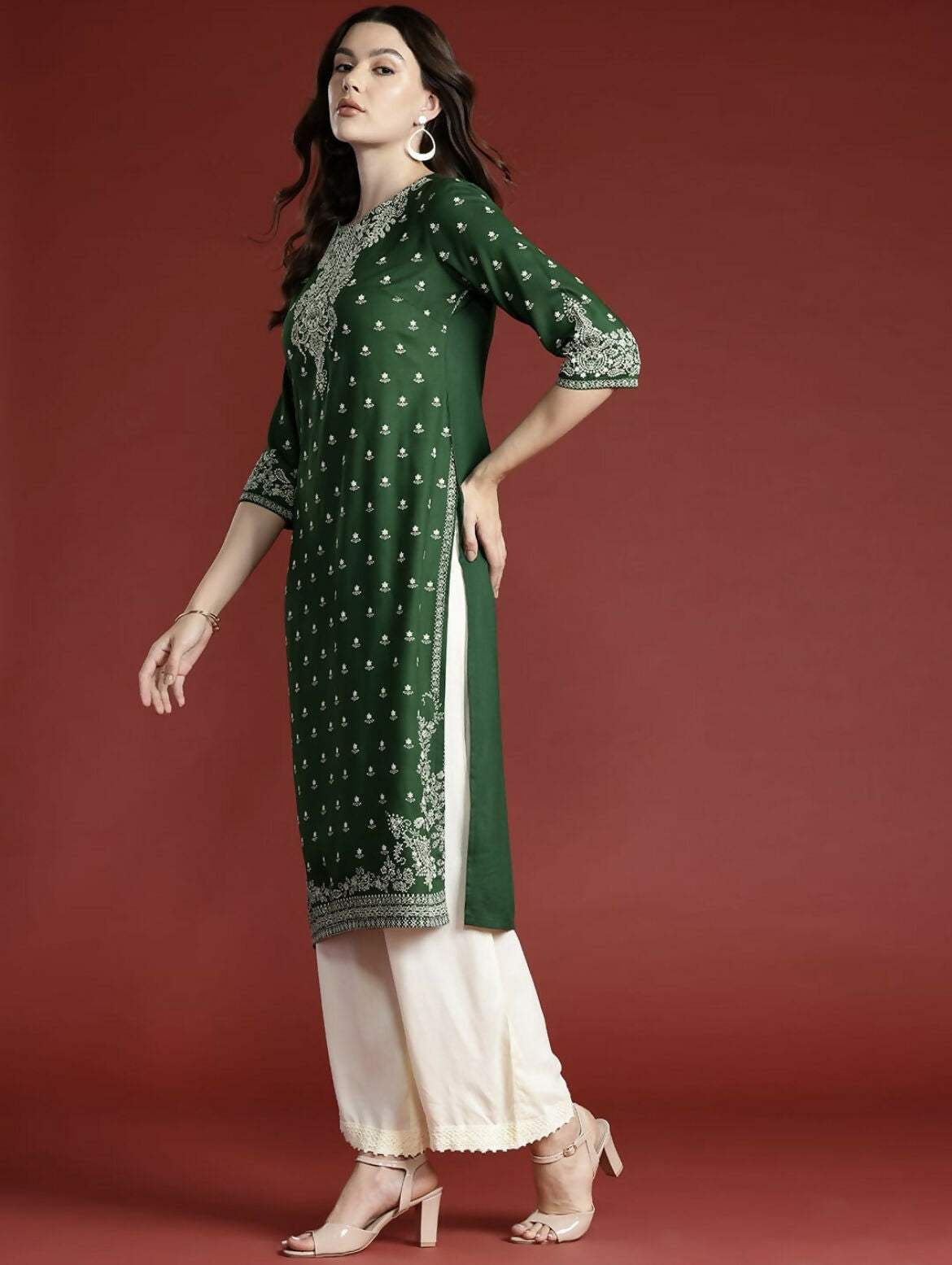 Cheera Women Stylish Hand Block Printed Cotton Blend Flared Kurta - Green | Grocsy
