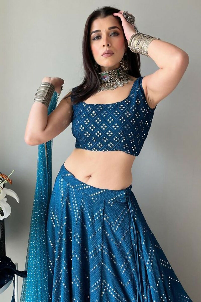 Jyoti Fashion Blue Thread Embroidery Georgette Designer Lehenga Choli with Dupatta | Grocsy