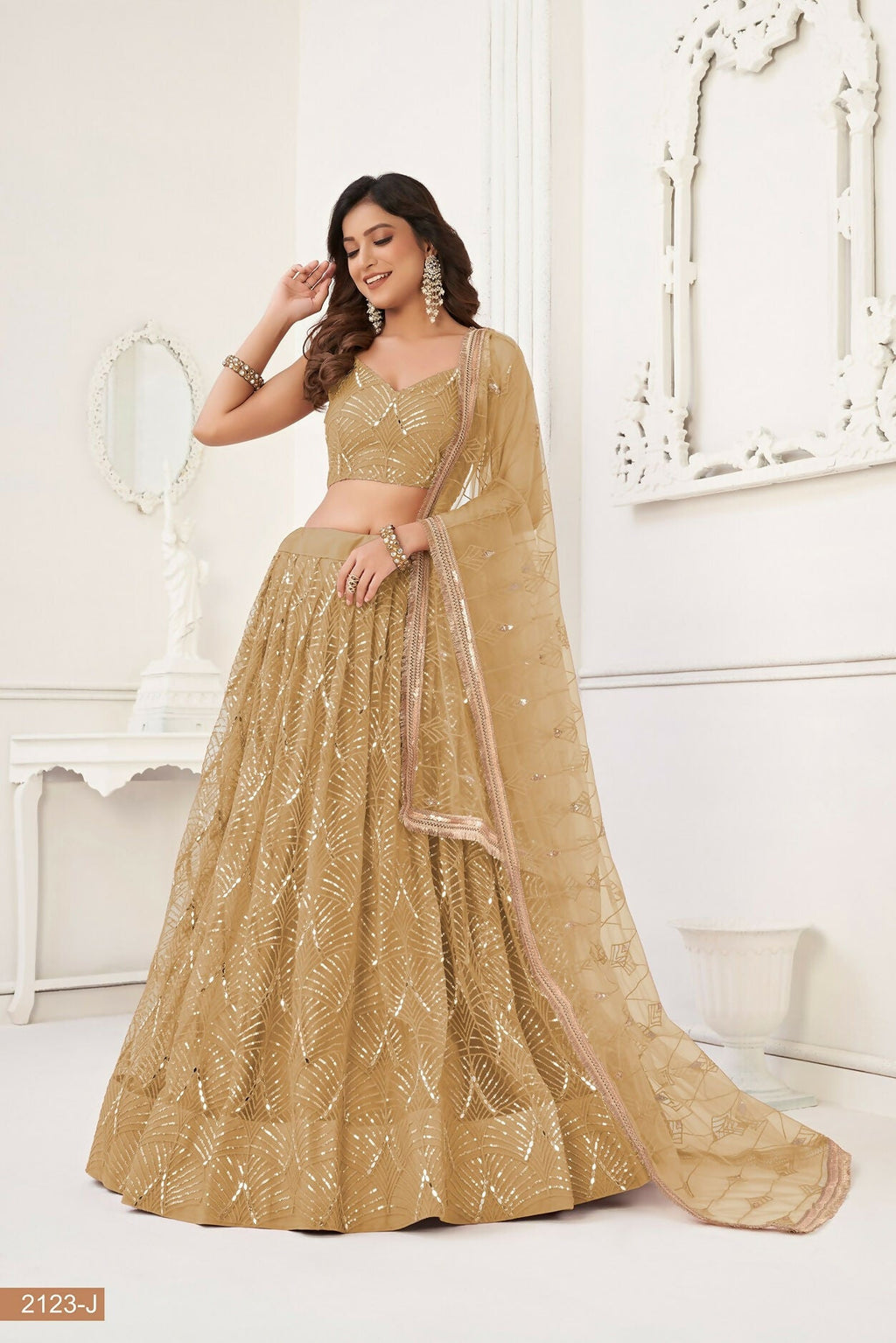 Eilara Beige Sequin Thread Embroidered Net Lehenga Set | Grocsy
