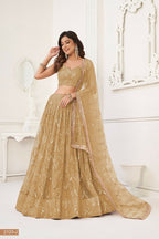 Eilara Beige Sequin Thread Embroidered Net Lehenga Set | Grocsy