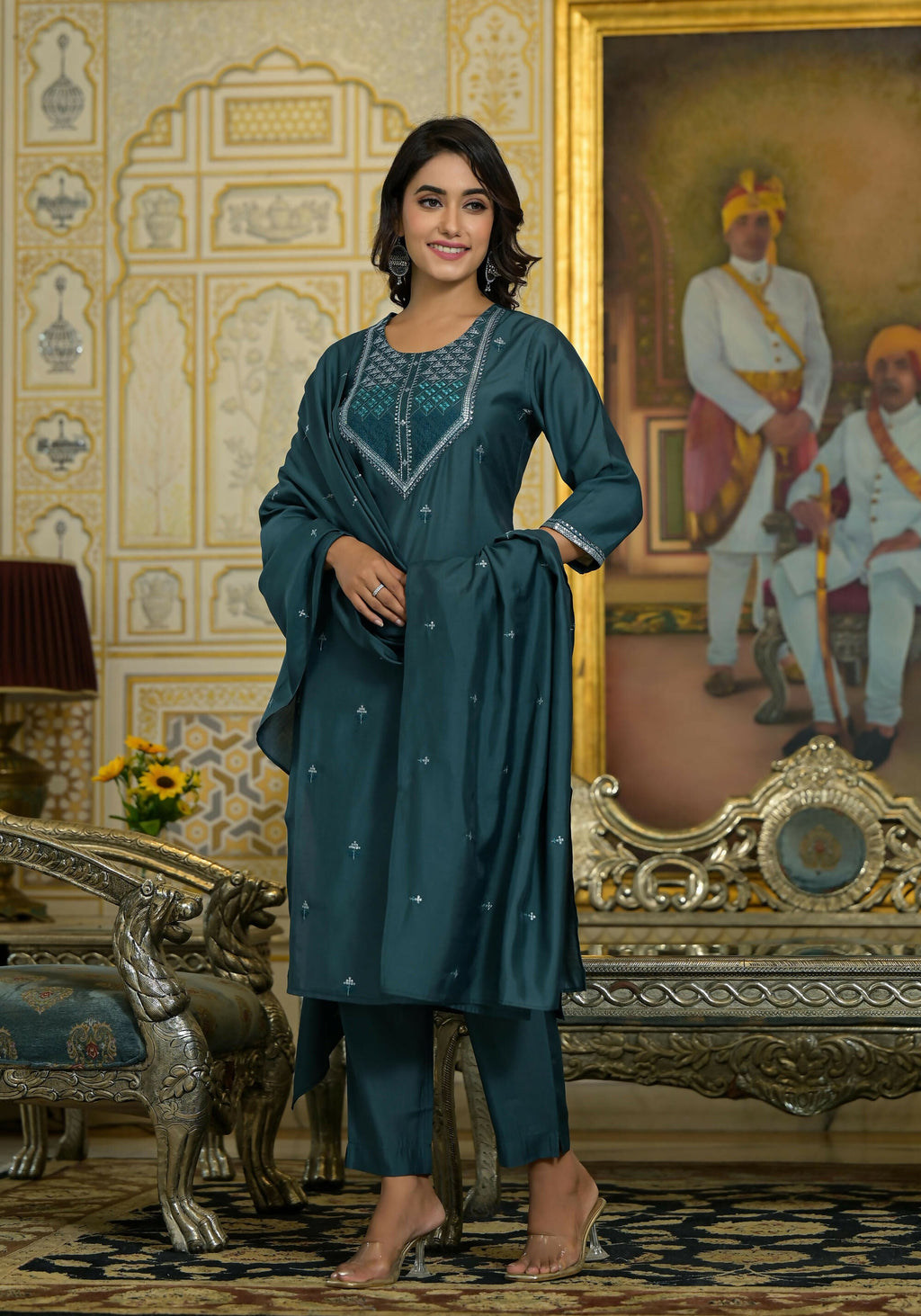 Juniper Women's Rama Green Thread Embroidered Viscose Kurta Pant And Dupatta Set With Sequins Work | Grocsy