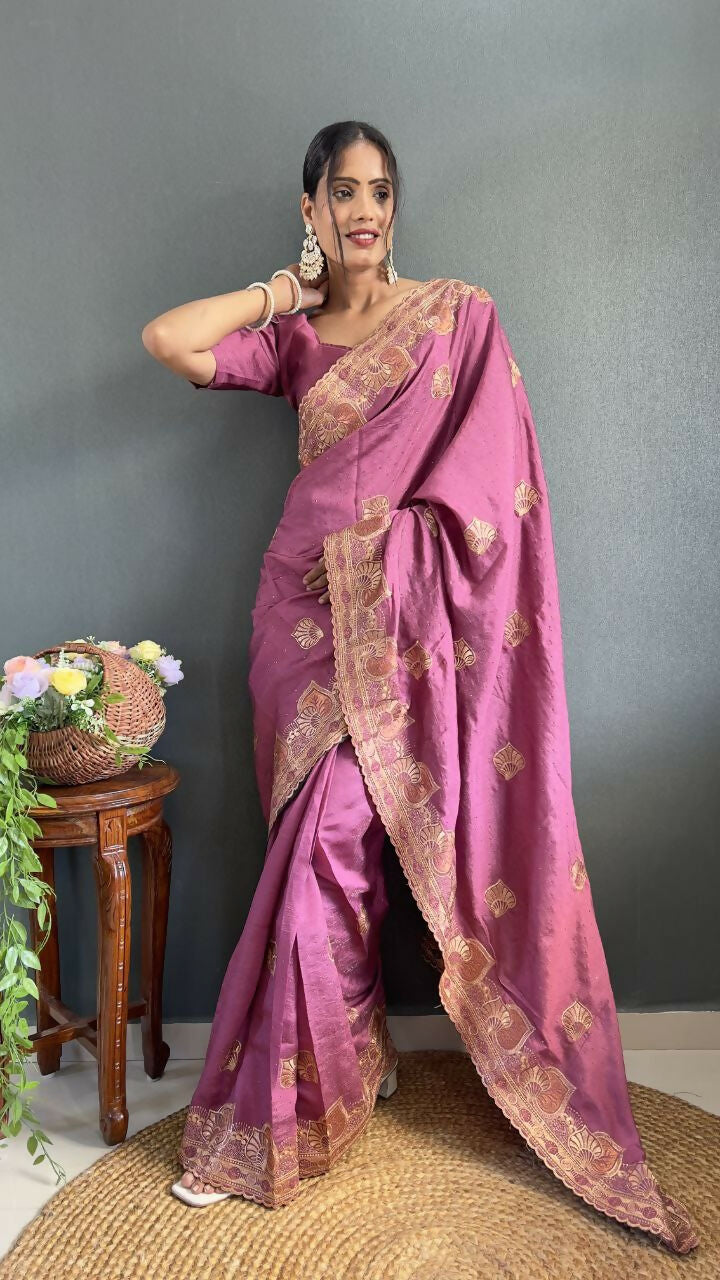 Vastranavya Mauve Vichitra Silk Zari with Swarovski Work Ready to Wear Saree | Grocsy