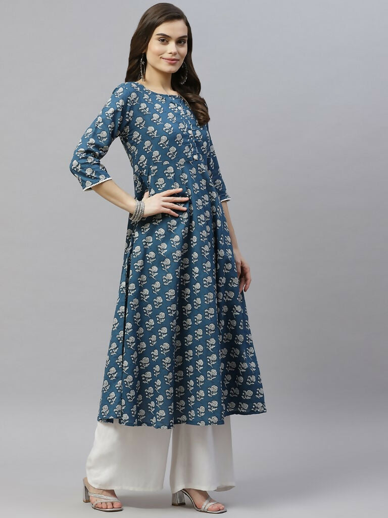 Miravan Women's Cotton Floral Print Anarkali Kurta With Dupatta | Grocsy