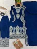 Teeya Creation Blue Color Velvet Designer Embroidery Work party Wear Suit | Grocsy