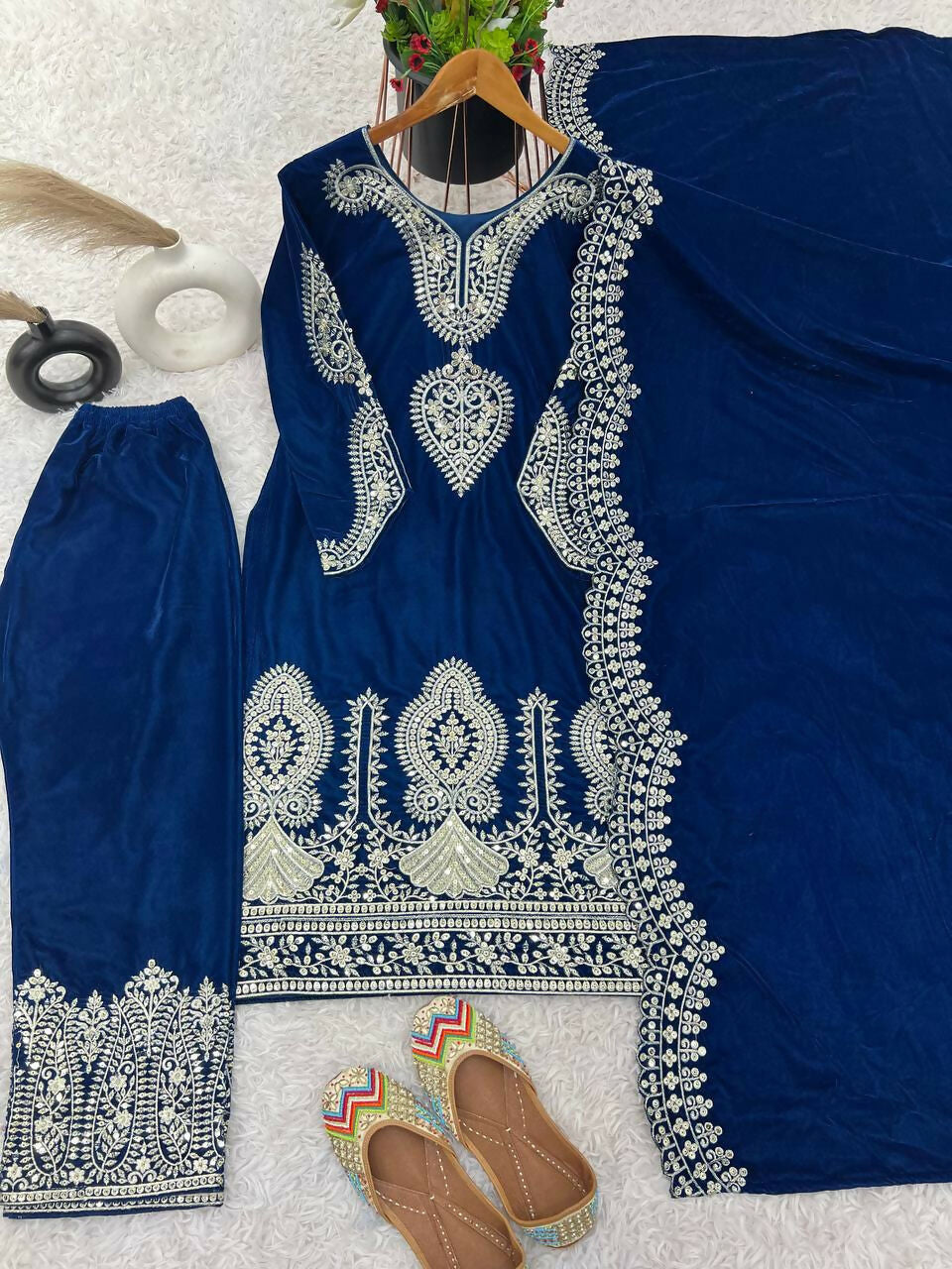 Teeya Creation Blue Color Velvet Designer Embroidery Work party Wear Suit | Grocsy