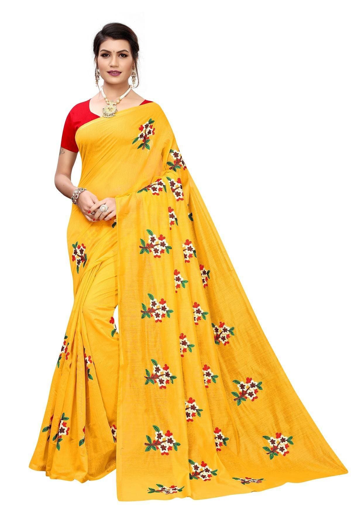 Vamika Yellow Chanderi Cotton Embroidery Latest Saree | Grocsy