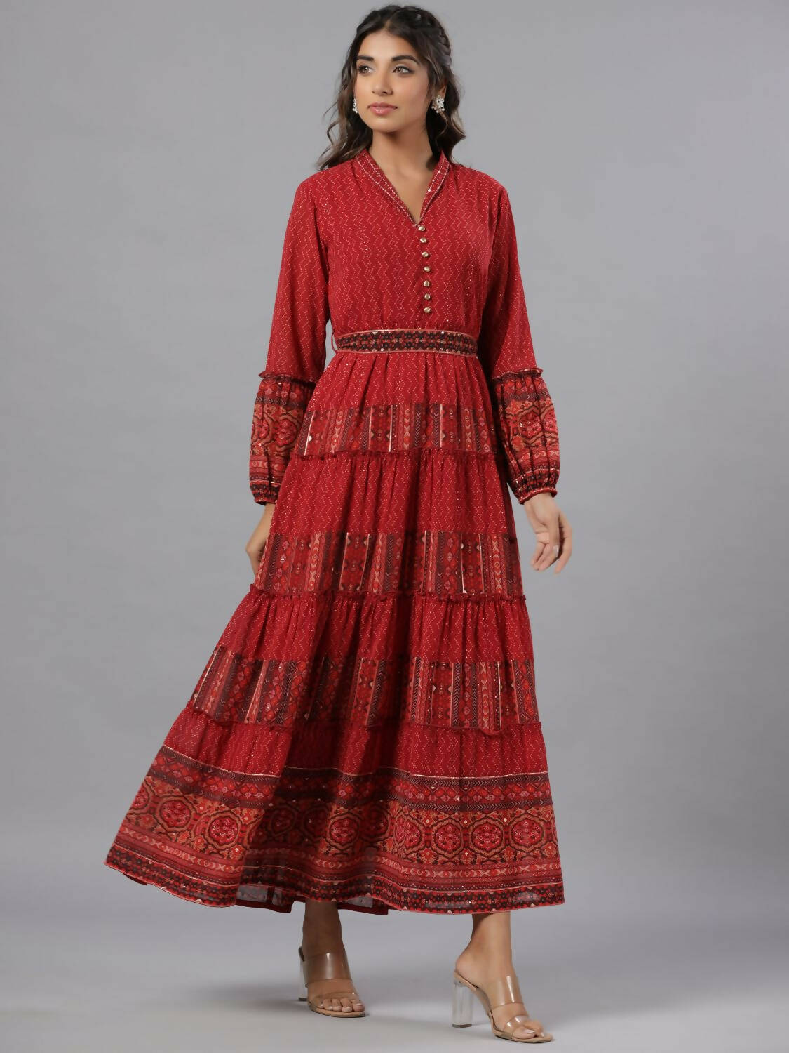 Juniper Women Rust Georgette Printed Tiered Maxi Dress | Grocsy