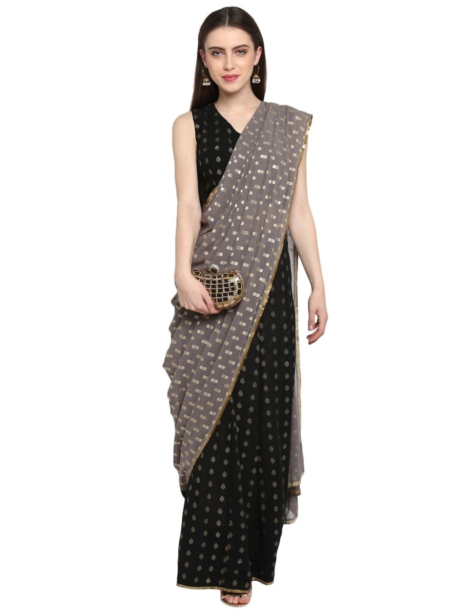 Ahalyaa Women's Black Georgette Foil Print Ready to Wear Saree | Grocsy