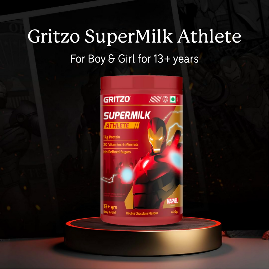 Gritzo SuperMilk Athlete Iron Man (13+y Boy & Girl), 17g Protein Powder (Double Chocolate) | Grocsy