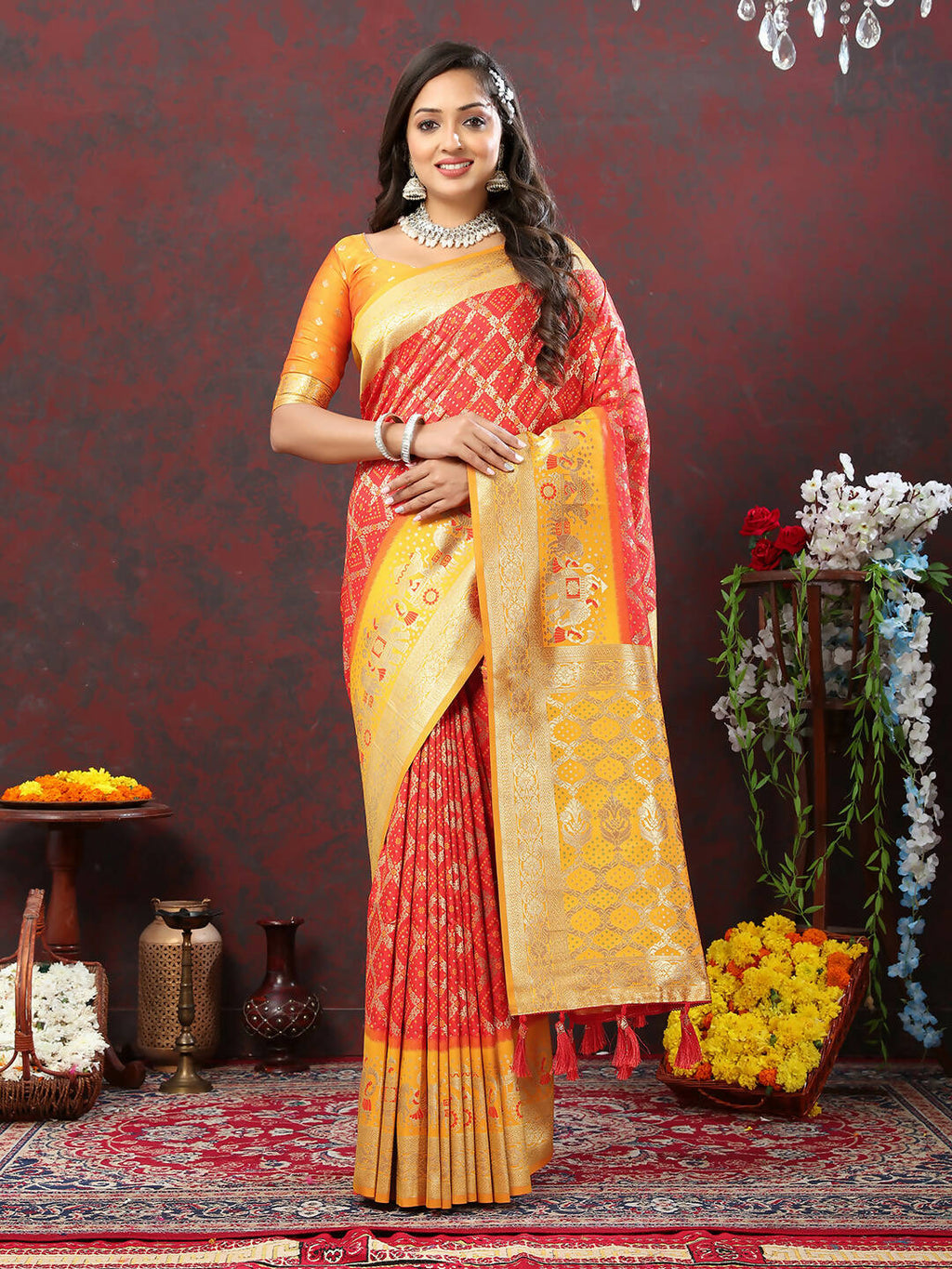 Lorenvalley Fashion Red & Yellow Patola Silk Woven Design Meenakari Weaving Saree | Grocsy
