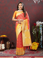 Lorenvalley Fashion Red & Yellow Patola Silk Woven Design Meenakari Weaving Saree | Grocsy