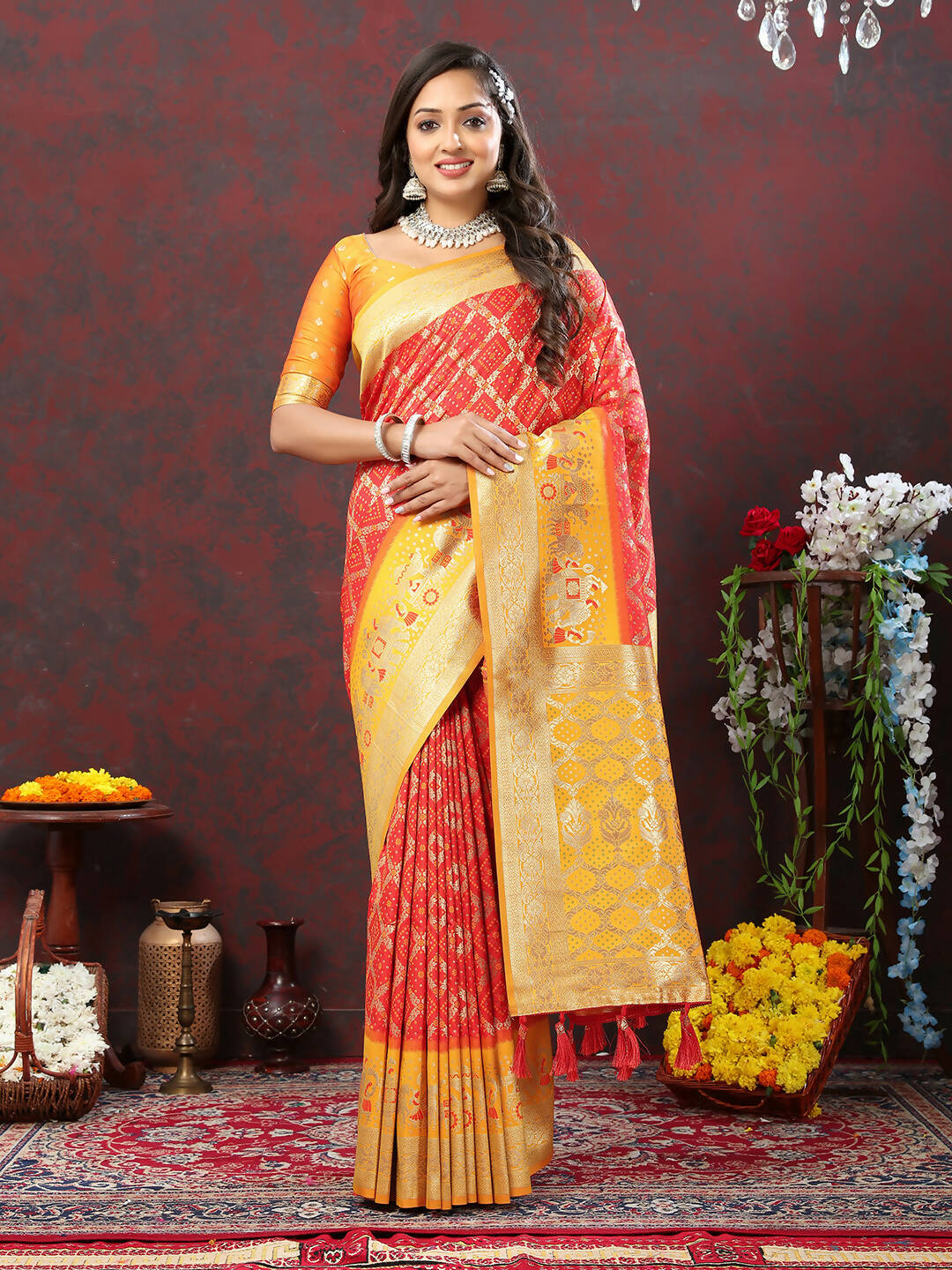 Lorenvalley Fashion Red & Yellow Patola Silk Woven Design Meenakari Weaving Saree | Grocsy