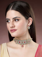 NVR Women's Red & Gold Kundan Studded Handcrafted Choker Jewellery Set | Grocsy