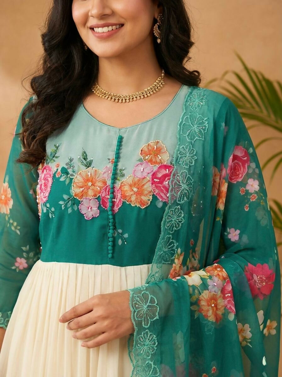 Teeya Creation Womens New Fancy Fox Georgette Heavy Quality Fabric With Handwork Teal Gown Set | Grocsy