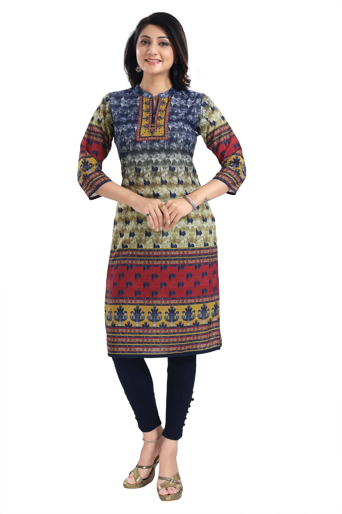Snehal Creations Multicolored Designer Digital Print Cotton Slub Fabric Long Kurti Tunic | Grocsy