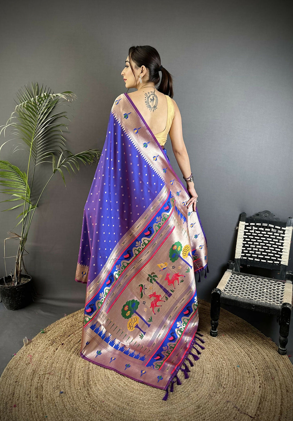Joban Fashion Purple Peacock & Floral Motifs Soft Lichi Silk Kanchipuram Saree | Grocsy