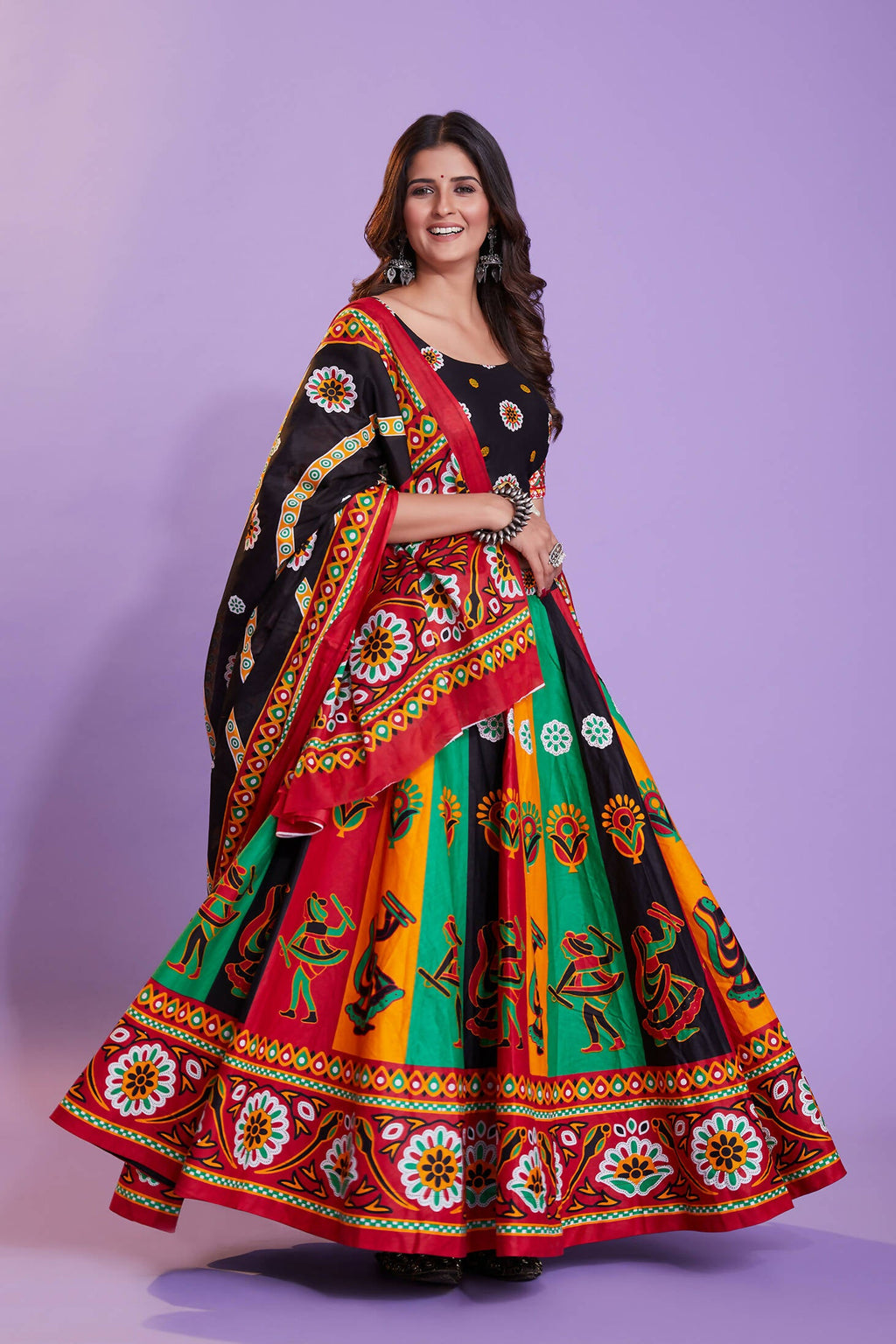 Multi Color Pure Cotton Hand Block Print Navratri Lehenga Choli with Dupatta - Raas | Grocsy