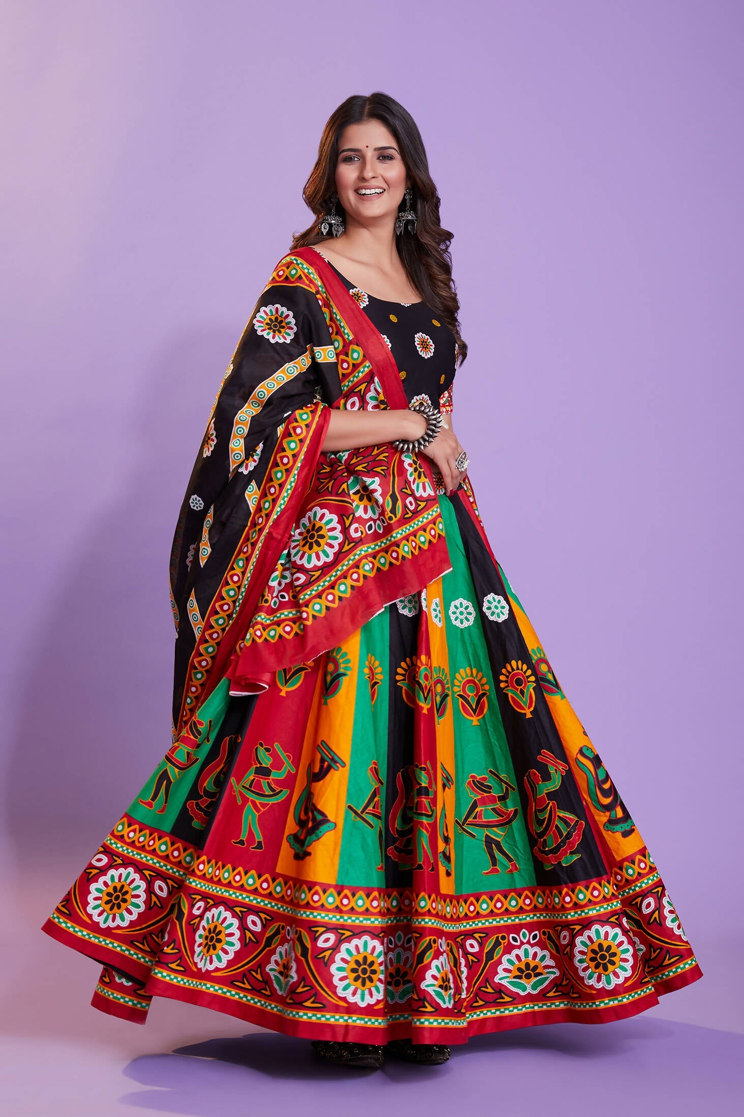Multi Color Pure Cotton Hand Block Print Navratri Lehenga Choli with Dupatta - Raas | Grocsy