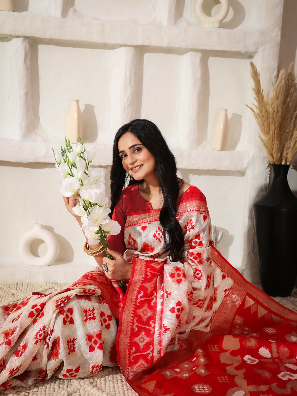 Shree Shyam Fashion Linen Cotton Red & White Saree | Grocsy