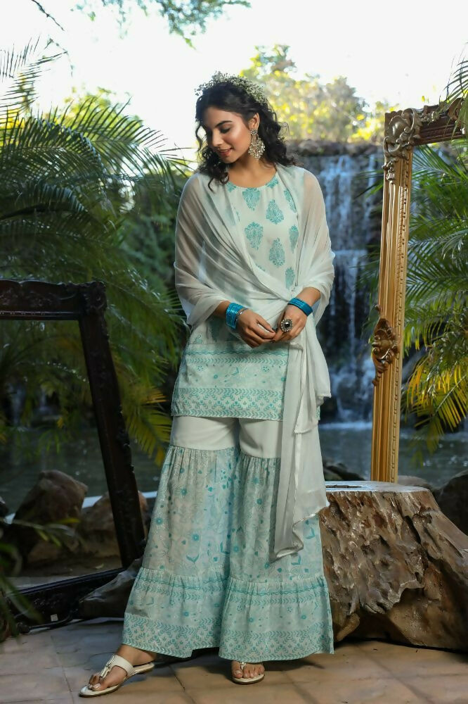 Juniper Blue Ethnic Motif Printed Georgette Kurta Sharara & Chiffon Dupatta Set | Grocsy