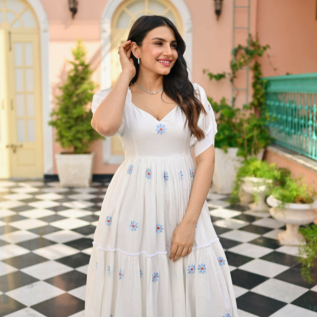 The52 Women's Gorgeous Thread work Cotton Rayon Fabric Flared Dress | Grocsy