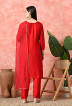 Joban Fashion Red Premium Pure Viscose Print Dola With Handwork Kurta Set | Grocsy