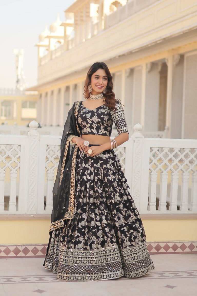 Vastranavya Designer Dyeable Pure Viscose Jacquard Fabric Lehenga Choli & Dupatta Set - Black | Grocsy