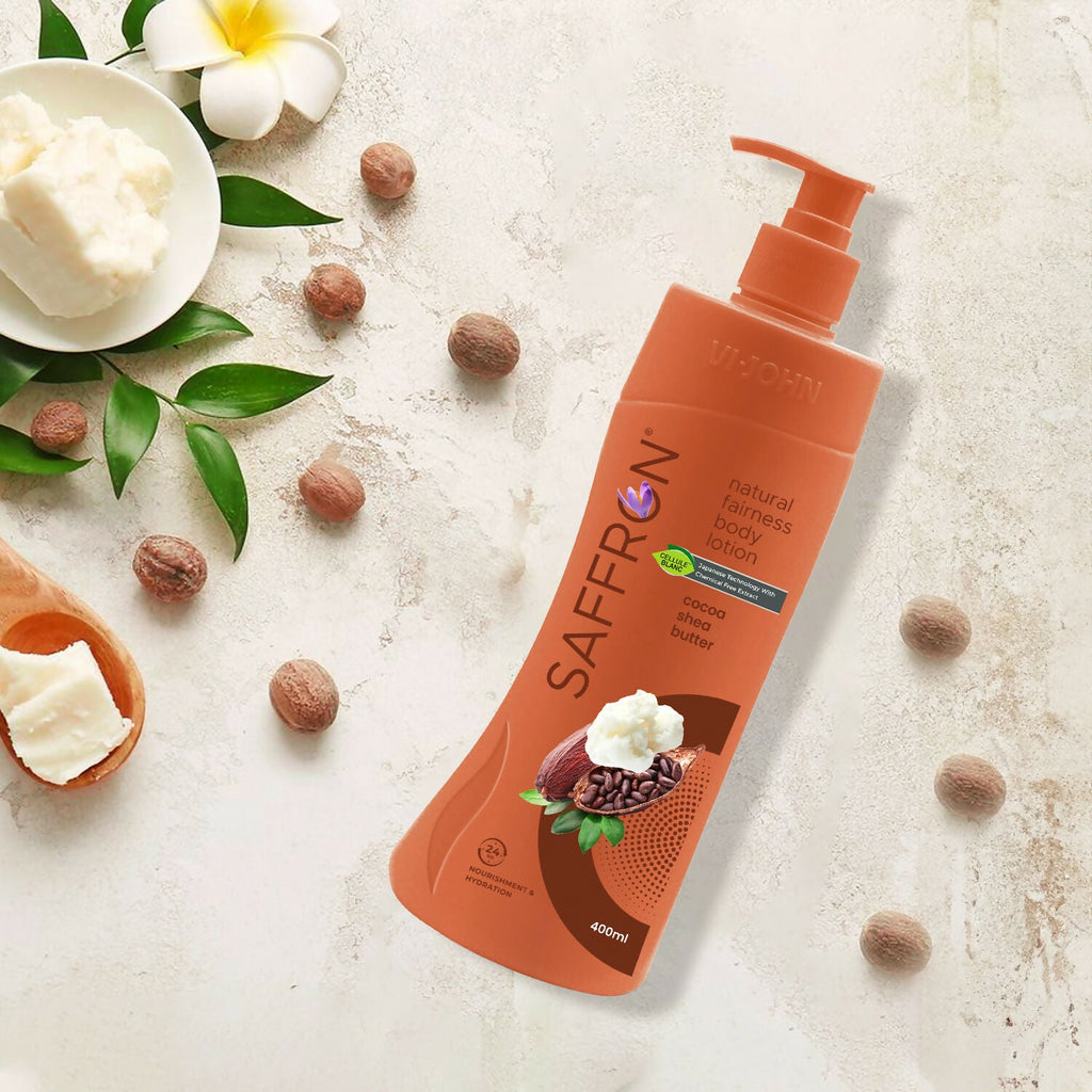 VI-JOHN Saffron Natural Fairness Body Lotion Cocoa Shea Butter Deep Nourishment Soft, Glowing Skin For All Skin Types | Grocsy