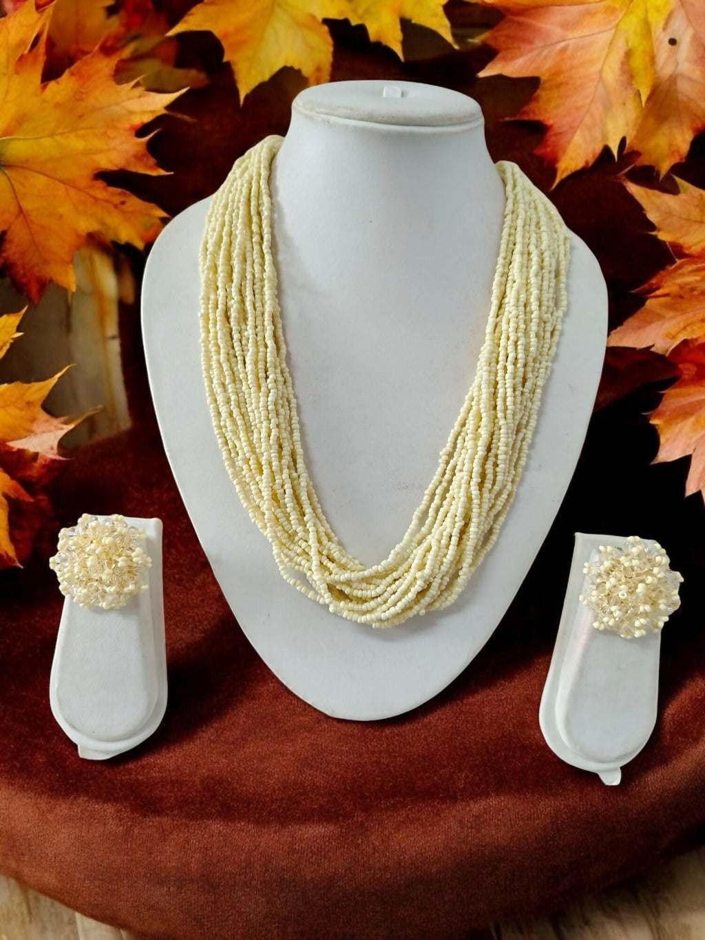 Inhanns Vibrant Handmade 20 Layers Beaded Necklace With Matching Earrings - Cream | Grocsy