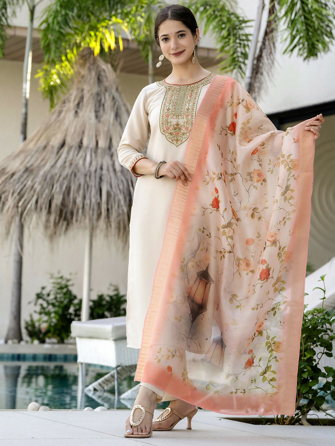 The52 Women's Beautiful Rayon Fabric Embroidery Work Straight Kurta Pant and Dupatta Set | Grocsy