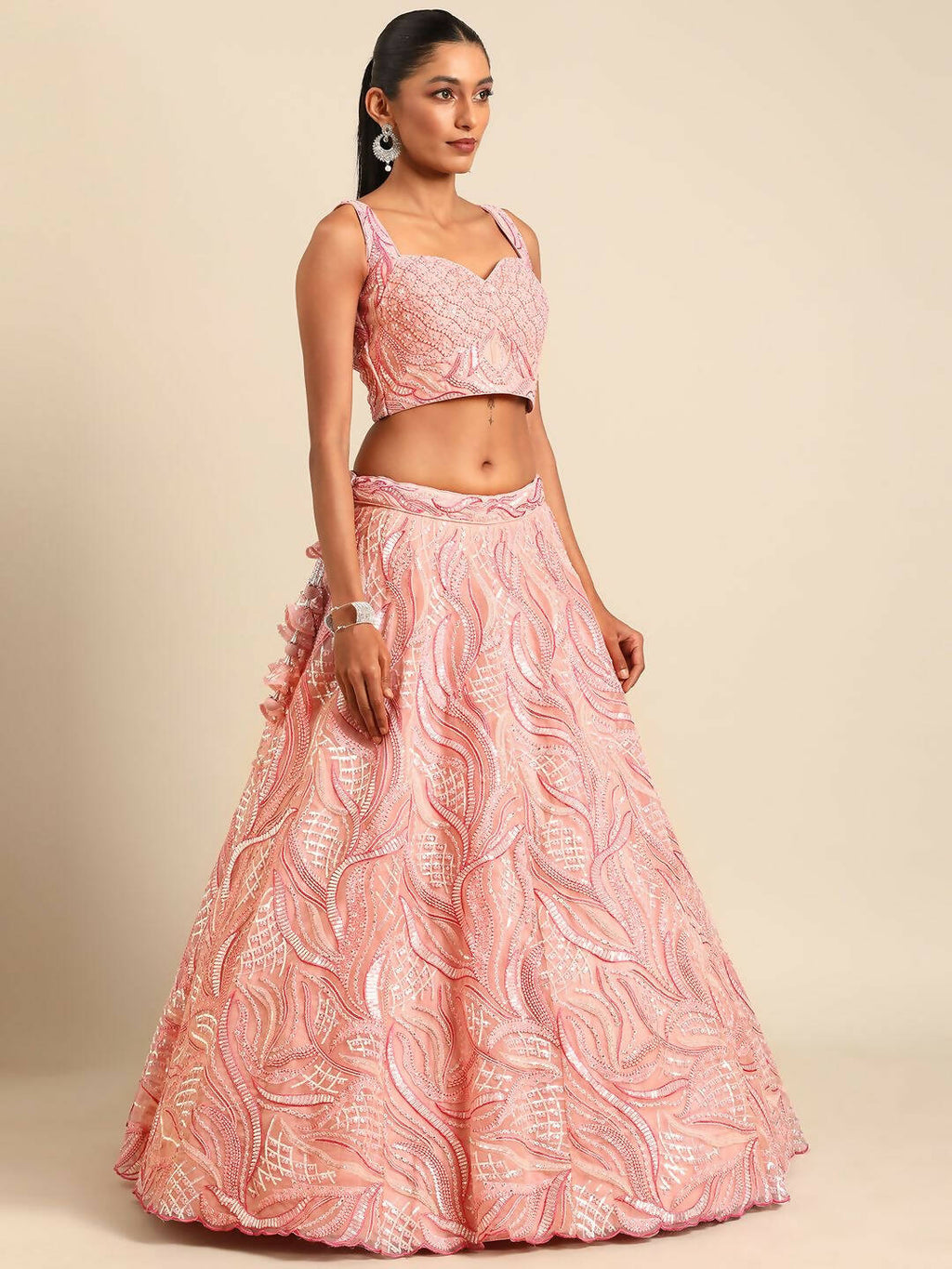 House of Panchhi Coral Pink Net Sequins and Zarkan embroidery Lehenga choli & Dupatta | Grocsy