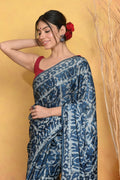 Very Much Indian Modal Silk Ajrakh Handblock Printed Natural Dyes Sleek Border Saree - Powder Blue | Grocsy