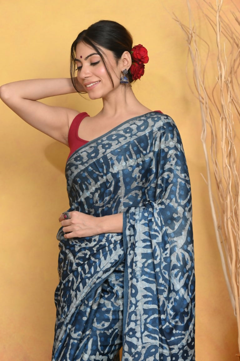 Very Much Indian Modal Silk Ajrakh Handblock Printed Natural Dyes Sleek Border Saree - Powder Blue | Grocsy