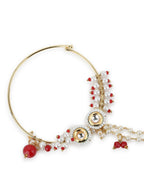 Gold-Polished White Red Kundan Studded Beaded Chained Nose Ring - Ruby Raang | Grocsy