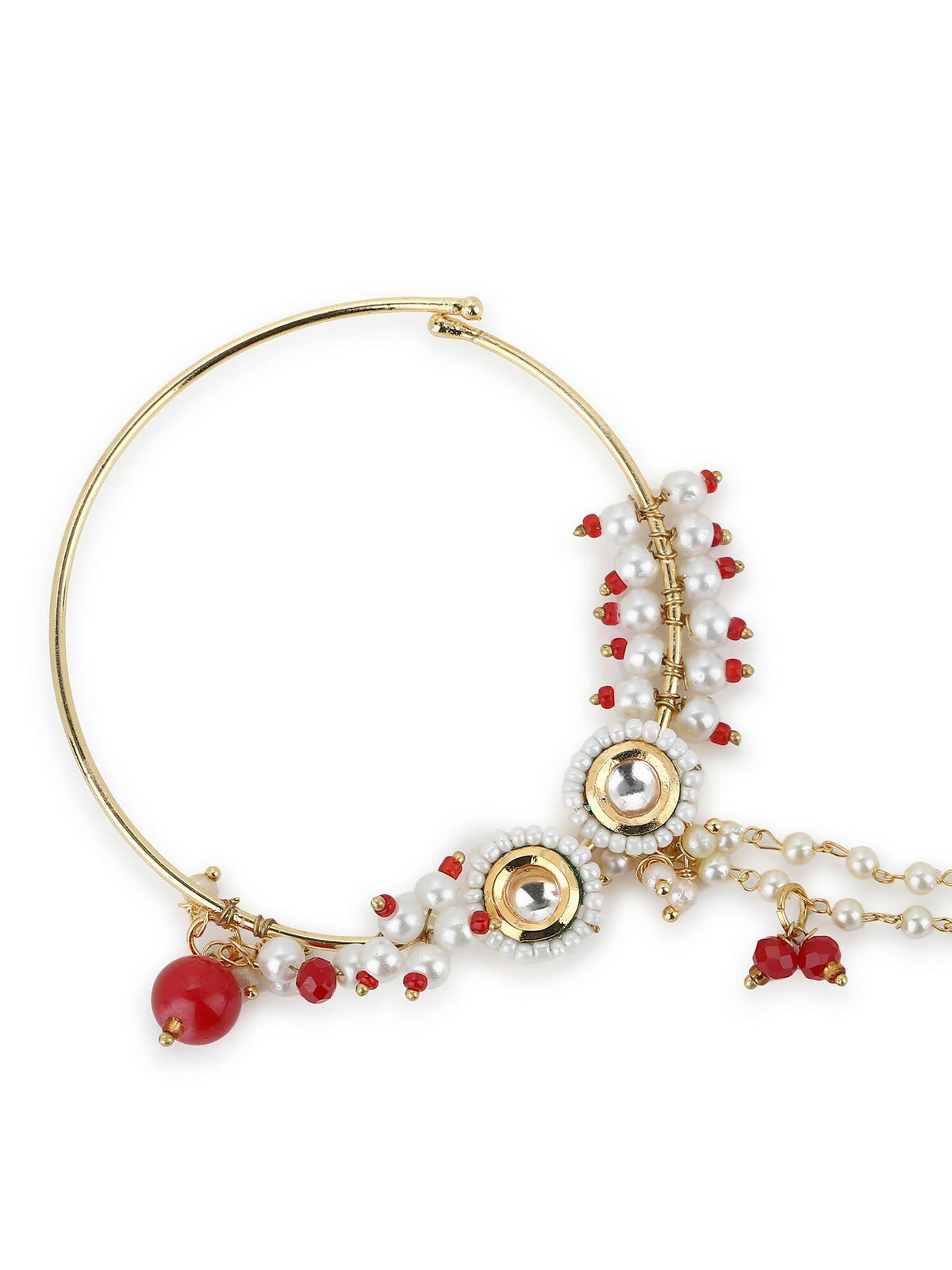 Gold-Polished White Red Kundan Studded Beaded Chained Nose Ring - Ruby Raang | Grocsy