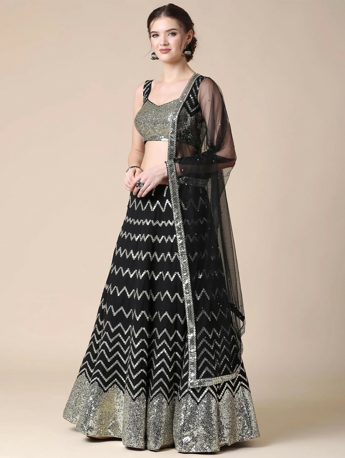 Jyoti Fashion Black Sequence with Thread Zari Embroidery Georgette Lehenga Choli with Dupatta | Grocsy