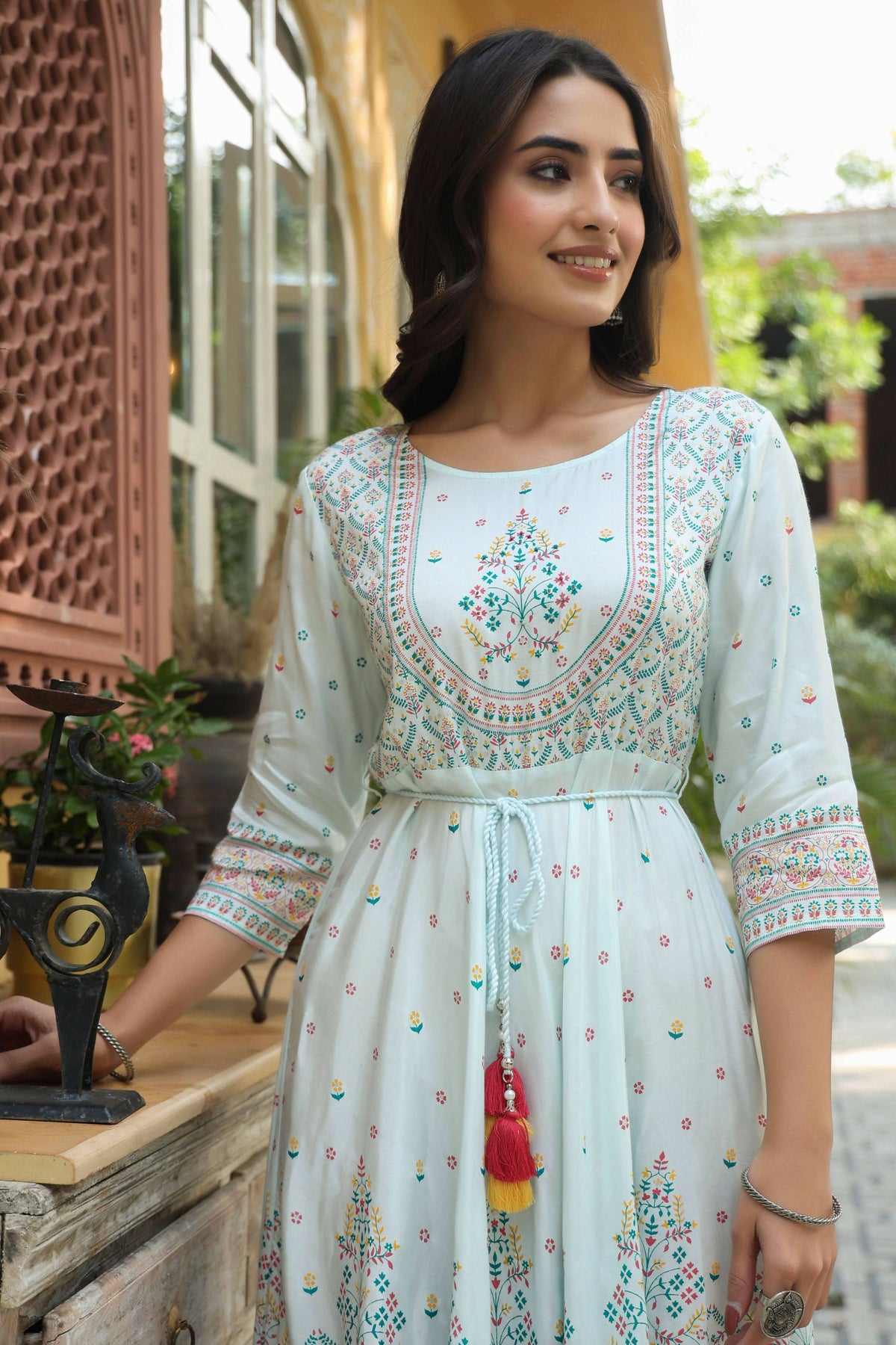 Juniper Women's Skyblue Viscose Shantoon Festive Printed Flared Dress | Grocsy