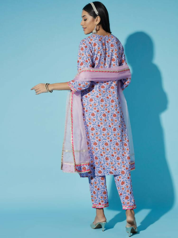 Myshka Women Lavender Printed Kurta & Trousers With Dupatta | Grocsy