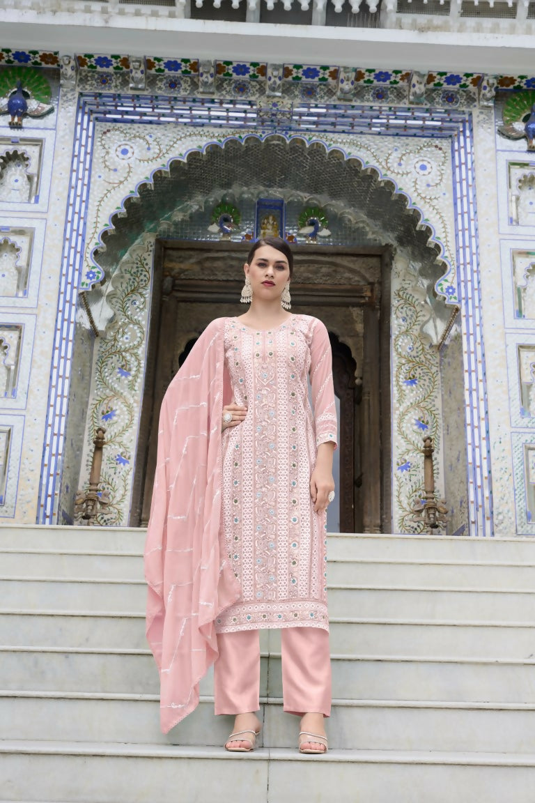 Jyoti Fashion Women's Pink Faux Georgette Heavy Embroidery and Moti Work Kurta Set | Grocsy