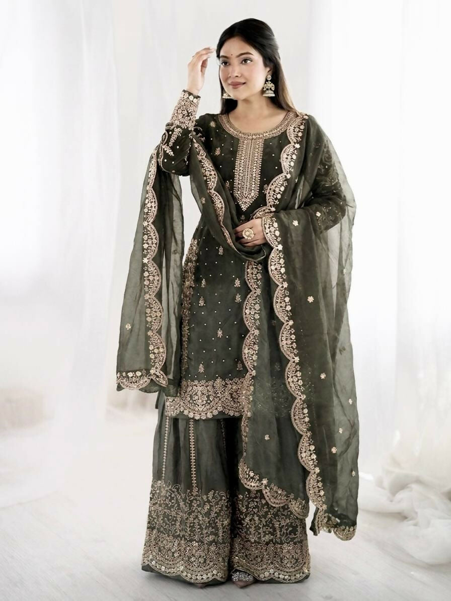 Teeya Creation Womens New Trendy Embroidery Coding And Sequence Work Grey Kurta Set | Grocsy