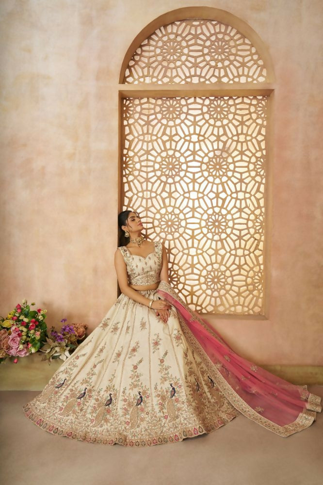 Kesar Fab White Zari Silk Hand_Woven Lehenga | Grocsy