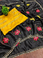 Teeya Creation Black Rangoli Silk Embroidery Work Party Wear Designer Saree | Grocsy