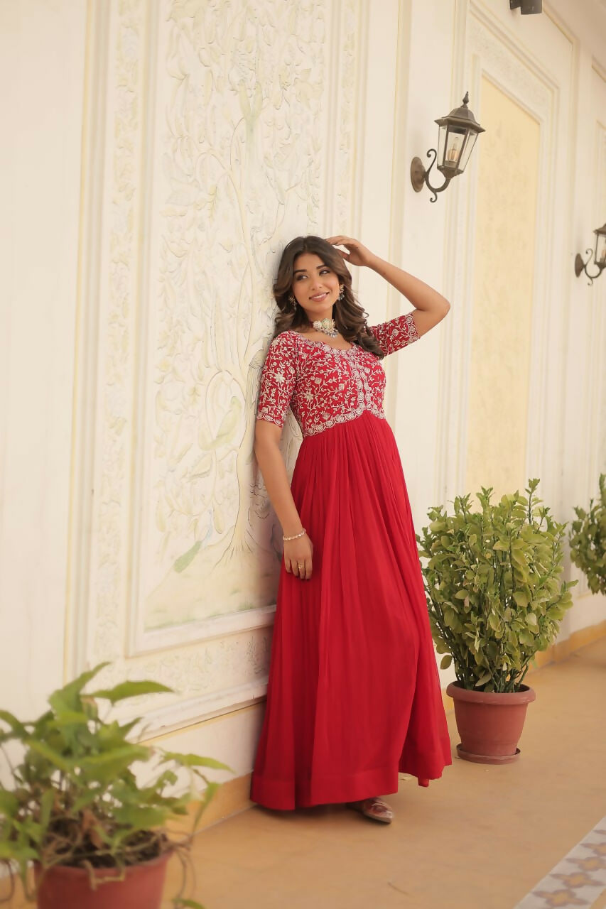 Vastranavya Faux Blooming with Embroidery Zari Sequins-work Gown - Red | Grocsy